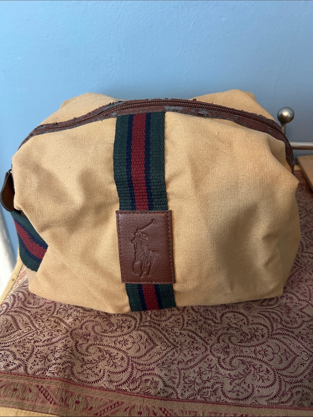 VintageRalph Lauren Tan Canvas Toiletry Bag with Green and Red Stripes See Pics